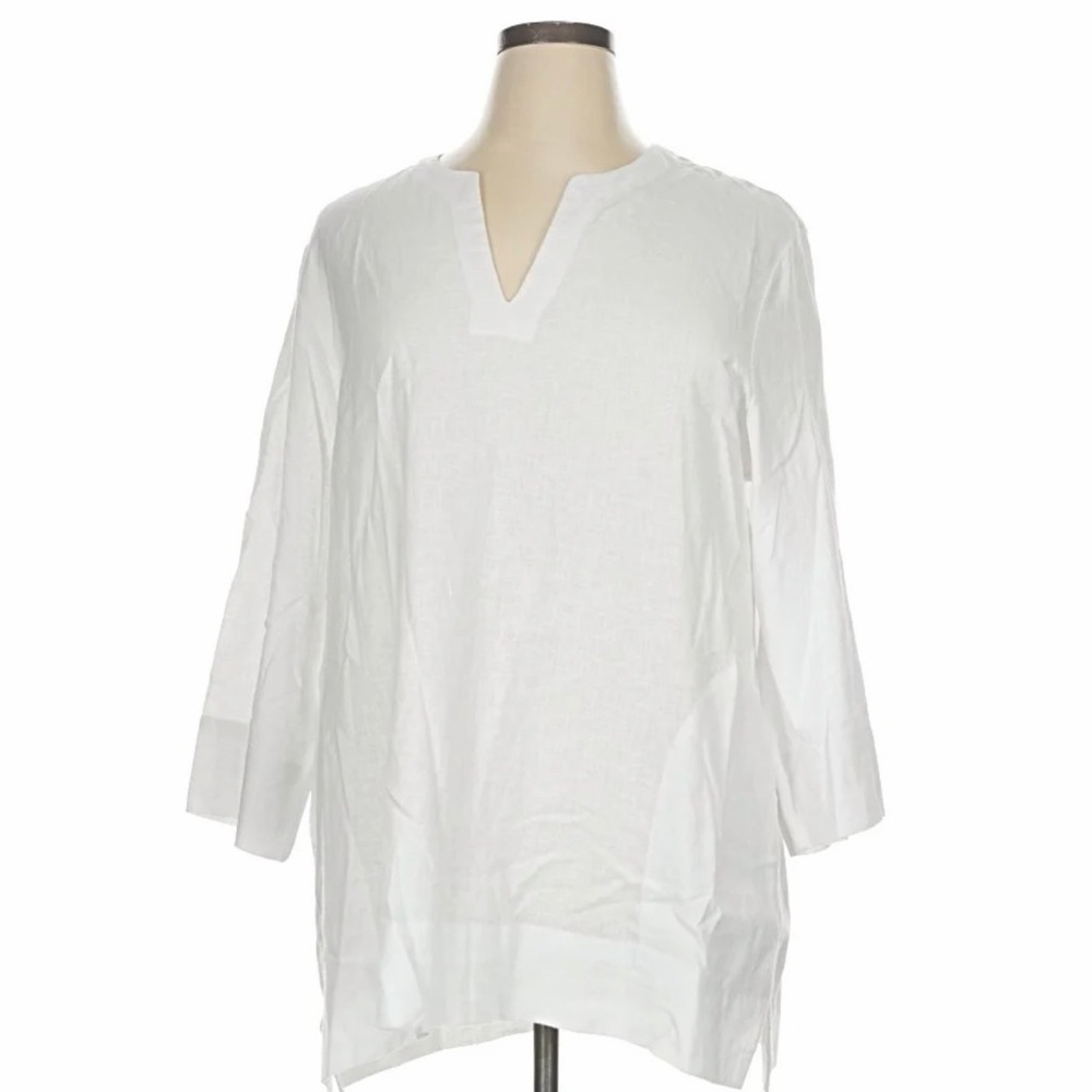 Lands End Linen White V-Neck Blouse XL